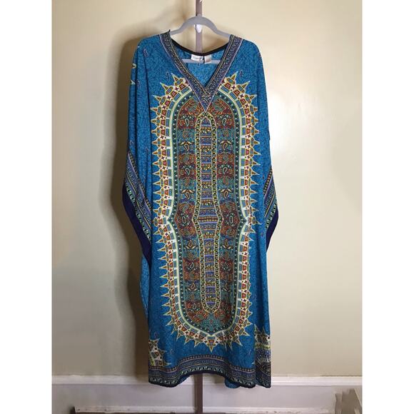 Sante Women Tribal Print MuMu/ Kaftan Sz. Os Blue Loungewear Comfort Modest EUC - Picture 2 of 8